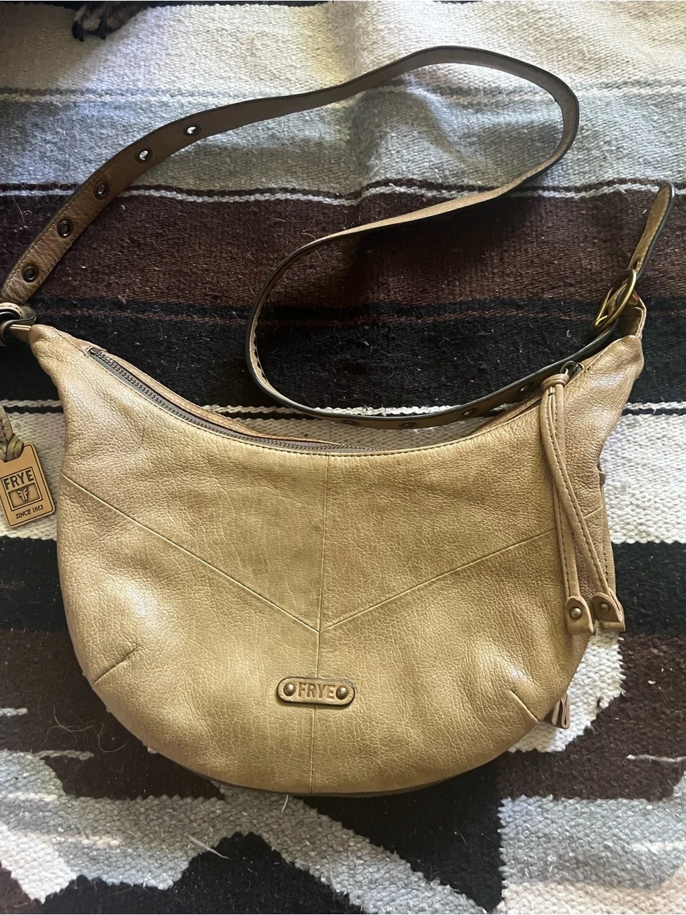 Frye Beige/Tan Leather Hobo with Brass Logo Tag